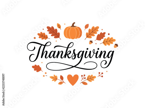 Thanksgiving text with pumpkin leaves and heart for holiday greeting card.
