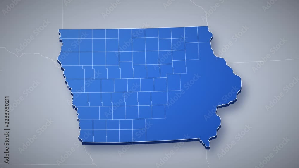 Iowa state map animation, camera zooms from USA map into 3D Iowa ...