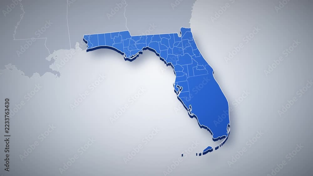 Florida state map animation, camera zooms from USA map into 3D Florida ...