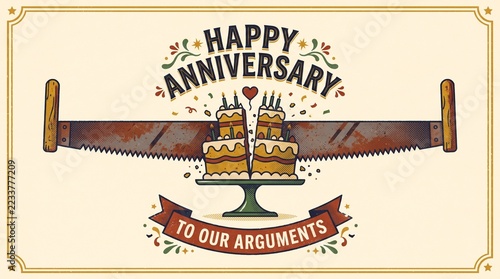 Vintage style humorous wedding anniversary illustration in retro warm colors depicting two-man crosscut saw cutting celebration cake with comic text