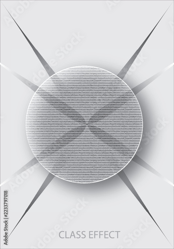 Abstract grey modern background with realistic circular button texture and sharp geometric paper lines.