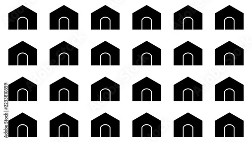 Seamless black house icon repeating pattern. Monochrome house silhouette tile illustration. Modern flat design house icon grid backdrop.