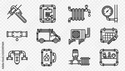 Plumber and heating repair icons with pipe wrench boiler and radiator