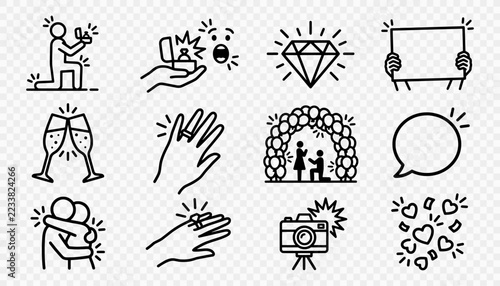 Marriage proposal doodle icons with a kneeling man and engagement ring