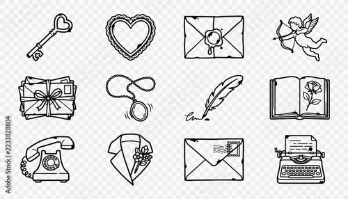 Vintage love letter icon set with wax seal cupid locket and typewriter