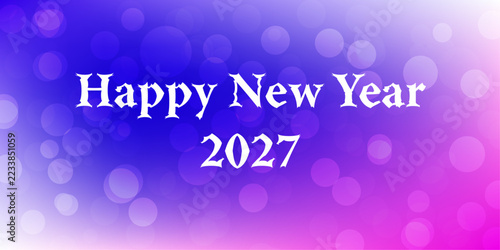 Happy new year 2027 banner with white text on purple pink light background for holiday celebration card or poster