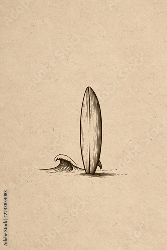 Vintage Engraved Surfboard Standing in Sand Beside Curling Wave, Nostalgic Woodcut Style Coastal Illustration on Beige Kraft Paper Background