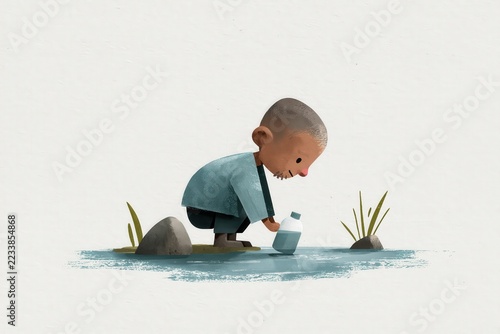 Cartoon Hydrologist Collecting Water Sample from Stream in Clear Bottle, Calm Painterly Environmental Research Illustration on Paper Background