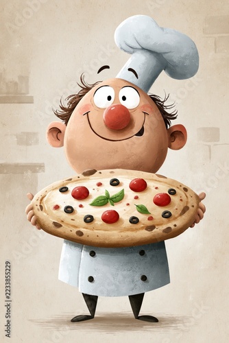 Cheerful Cartoon Pizzaiolo Proudly Holding Freshly Baked Pizza with Basil and Olives, Funny Storybook Chef Illustration on Parchment Background