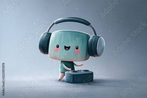 Cute Cartoon DJ Character with Oversized Headphones at Blue Gray Console, Friendly Painterly Music Illustration on Misty Background