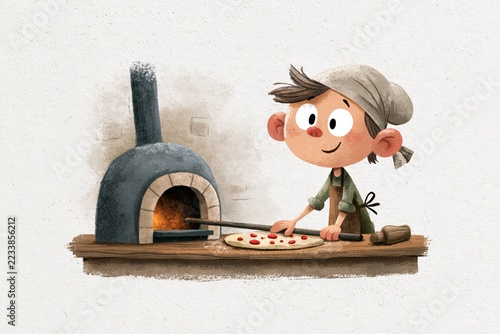 Cute Retro Cartoon Pizzaiolo Boy Baking Traditional Pizza in Wood Fired Brick Oven Storybook Illustration