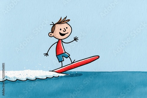 Happy Cartoon Surfer Boy Riding Small Wave on Red Surfboard, Playful Hand Inked Watercolor Illustration on Pale Blue Paper Background