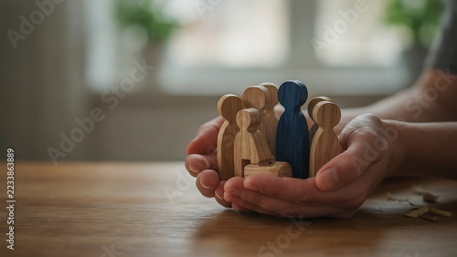 Hands holding wooden figurines featuring a prominent blue figure in the center, created with generative ai