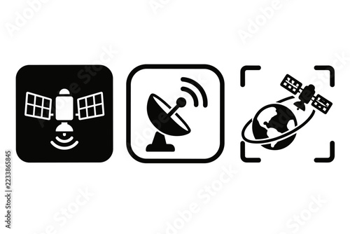 Satellite communication icon set with dish and orbiting Earth
