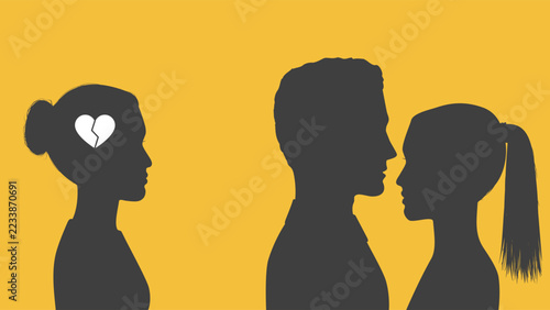 Woman with a broken heart looks at a couple. Illustration of betrayal, a third wheel, treachery, the end of a love story.