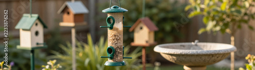shot garden setup featuring multiple bird feeders houses birdbath lush greenery warm sunlight soft