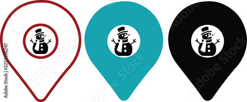 Christmas Snowman GPS Location Pin Icons Set in Red Outline and Turquoise Filled Styles