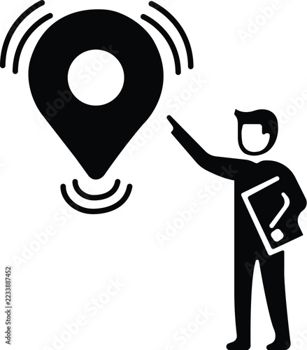 Black Location Pin and Person Using Smartphone Vector Illustration for GPS Navigation and Mobile Location Services