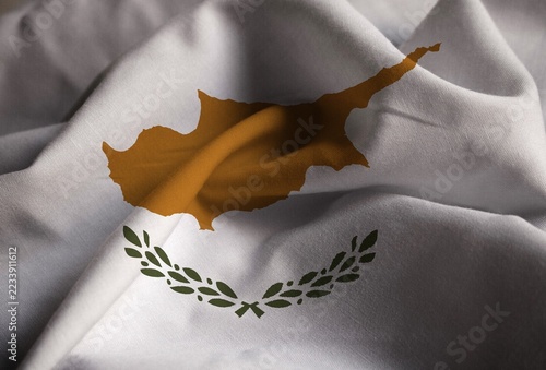 Fotografie Closeup of Ruffled Cyprus Flag, Cyprus Flag Blowing in Wind