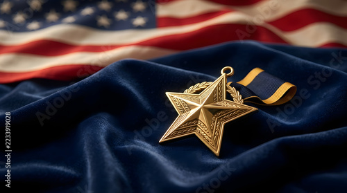 Fourth of July patriotic star medal isolated on blue fabric with copy