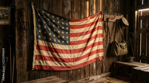 American flag on barn wall with rustic wooden background and vintage