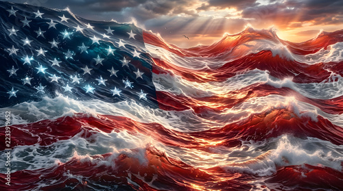 American flag with ocean waves and sunset sky on water background