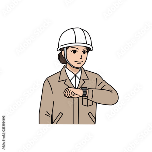 ヘルメットとベージュ作業着を着用して腕時計を見て時間確認をする女性上司イラスト