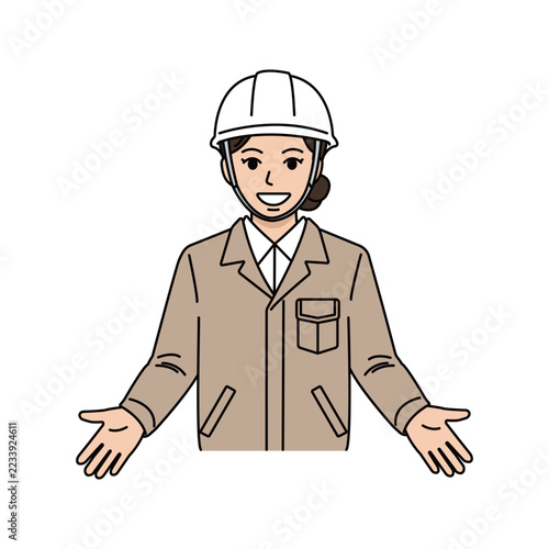 ヘルメットとベージュ作業着を着用して両手を広げて歓迎や案内をする女性上司イラスト