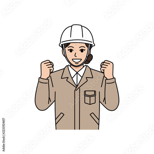 ヘルメットとベージュ作業着を着用して両こぶしでガッツポーズをする女性上司イラスト