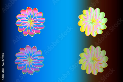 Modern abstract vector illustration featuring a set of colorful floral flowers with heart-shaped gradient petals on a dark gradient backdrop.
