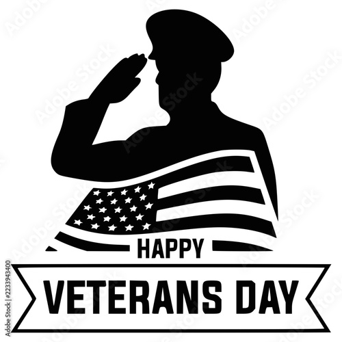 Black and white Happy Veterans Day saluting soldier and American flag vector illustration
