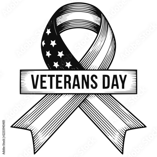 Black and white Veterans Day awareness ribbon with US flag stars vector illustration
