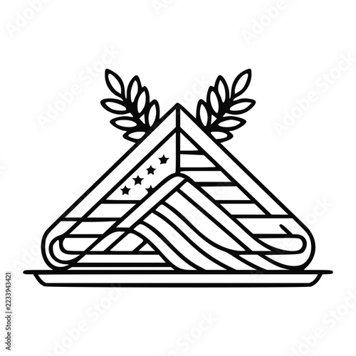 Black and white outline folded American flag with laurel wreath vector icon
