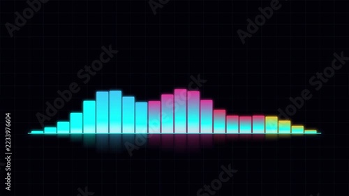 Neon sound wave equalizer visualization pulsing rhythmically against a dark background with vibrant colors