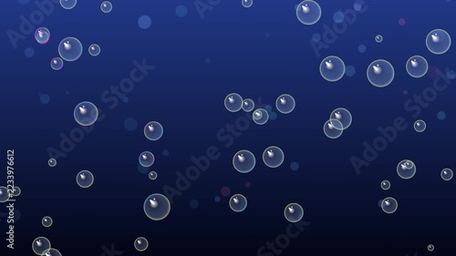 Bubble float upward against a dark blue gradient background with soft glowing light spots creating a peaceful underwater atmosphere in motion graphic animation loop design asset video
