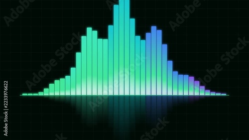Audio equalizer sound wave glowing neon bars moving in digital rhythm on a dark grid background