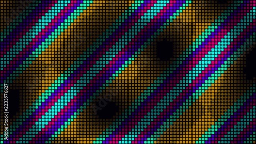 Abstract glowing LED dot matrix pattern with diagonal color stripes and dark fluid shadow waves moving across the screen in a modern digital art display animation looping seamlessly background