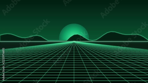 Retro grid landscape animation featuring a glowing green digital horizon with perspective lines and mountains under a luminous sun for futuristic cyberspace and electronic music visualizer backdrops