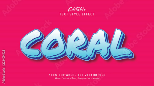 Coral editable cartoon beach text effect template for ocean theme and cute sticker vector illustration
