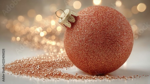 Red glitter christmas bauble with warm golden bokeh lights, copy space