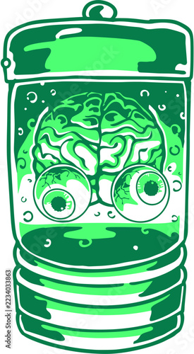 Stylized green specimen jar containing a strange brain-like creature