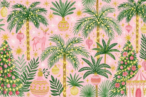 Girly Coquette Tropical Christmas Seamless Pattern with Watercolor Palm Trees, Fairy Lights and Elegant Holiday Ornaments
