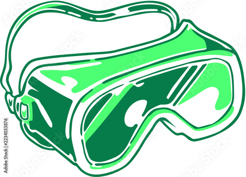 Stylized green laboratory safety goggles with wide transparent lens