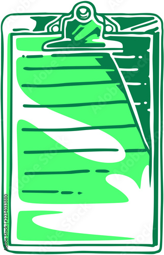 Stylized green laboratory clipboard with metal clip