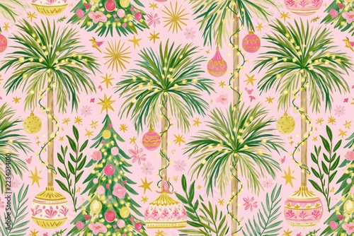 Girly Coquette Tropical Christmas Seamless Pattern with Watercolor Palm Trees, Fairy Lights and Elegant Holiday Ornaments