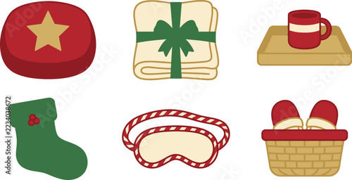 Christmas holiday icons gift mug stocking cookie basket coffee