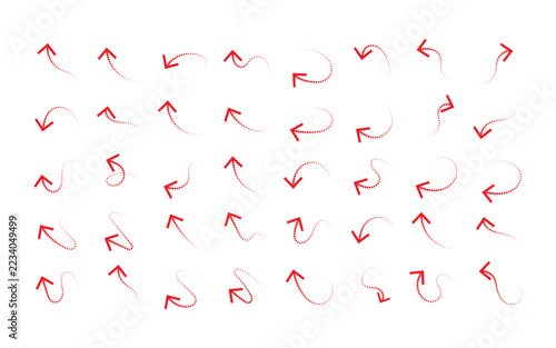 Dotted Arrow Set. Red curved pointers with fading trails and loops