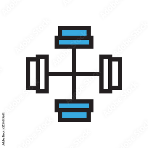 A minimalist-designed dumbbell icon representing fitness, weight training, and exercise. Its symmetrical form—featuring bold black lines, blue accents, and white details—creates a modern, simple