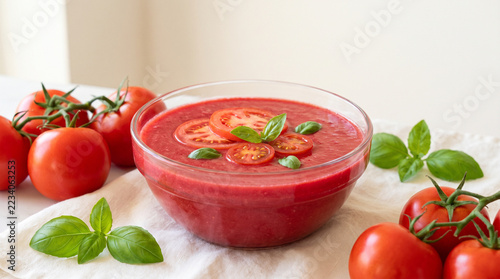 Fresh tomato gazpacho soup served in a glass bowl with basil leaves and ripe tomatoes creating a healthy Mediterranean meal concept for summer dining vegetarian cuisine and food inspiration