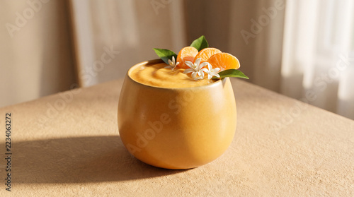 Golden ceramic bowl filled with fresh citrus slices and green leaves on a sunlit table creating a warm tropical food arrangement for home decor hospitality wellness and seasonal content